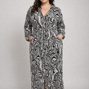 Abstract Crinkle Long Duster Jacket Ivory & Black 3X